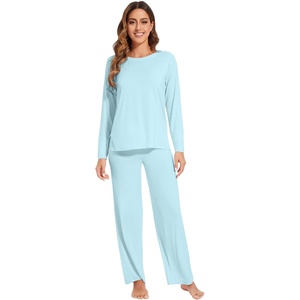 image:imageWiWi Womens Pajama Set Comfy Long Sleeve Tee Pants Sleepwear Soft Viscose from Bamboo 2 Piece Nightwear Pjs SXXLGaqua