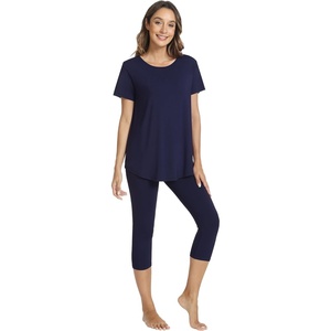 image:imageWiWi Womens Pajama Set Viscose from Bamboo Short Sleeve Tunic Top Capri Leggings Cooling Sleepwear Super Soft Pjs SXXLNavy