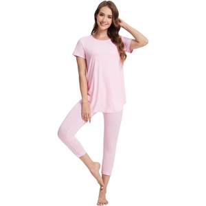 image:imageWiWi Womens Pajama Set Viscose from Bamboo Short Sleeve Tunic Top Capri Leggings Cooling Sleepwear Super Soft Pjs SXXLPink