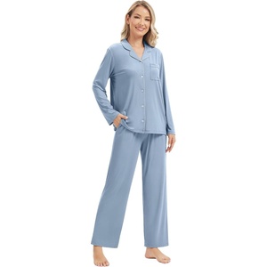 image:imageWiWi Womens Pajama Sets 2 Piece Button Down Lounge Set Soft Ribbed Long Sleeve Top and Pants Sleepwear SXXLGrayish Blue