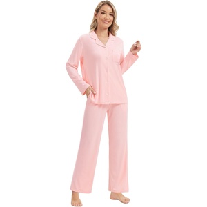 image:imageWiWi Womens Pajama Sets 2 Piece Button Down Lounge Set Soft Ribbed Long Sleeve Top and Pants Sleepwear SXXLPeach Pink