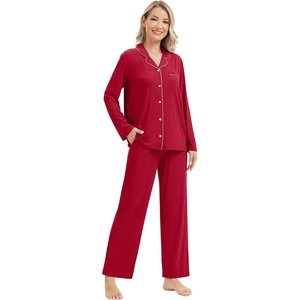 image:imageWiWi Womens Pajama Sets 2 Piece Button Down Lounge Set Soft Ribbed Long Sleeve Top and Pants Sleepwear SXXLWind Red