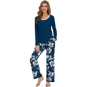 image:imageWiWi Womens Pajama Sets Soft Long Sleeves Top with Pants Cooling PJ 2 Piece Viscose from Bamboo Loungewear Set SXXLAink Blueink Blue Floral