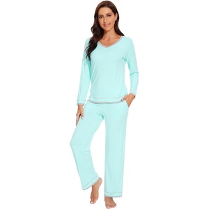 image:imageWiWi Womens Pajama Sets Soft Long Sleeves Top with Pants Cooling PJ 2 Piece Viscose from Bamboo Loungewear Set SXXLCaqua