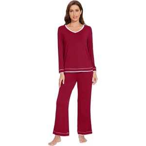 image:imageWiWi Womens Pajama Sets Soft Long Sleeves Top with Pants Cooling PJ 2 Piece Viscose from Bamboo Loungewear Set SXXLCwine Red