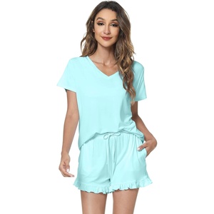 image:imageWiWi Womens Pajamas Set Bamboo Viscose Super Soft Short Sleeve Top Ruffle Shorts Sleepwear Cooling Pj Sets SXXLAaqua