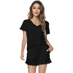image:imageWiWi Womens Pajamas Set Bamboo Viscose Super Soft Short Sleeve Top Ruffle Shorts Sleepwear Cooling Pj Sets SXXLAblack
