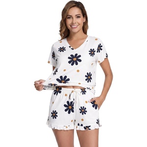 image:imageWiWi Womens Pajamas Set Bamboo Viscose Super Soft Short Sleeve Top Ruffle Shorts Sleepwear Cooling Pj Sets SXXLAdaisy