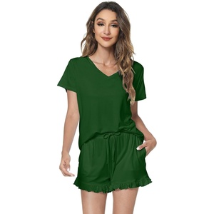 image:imageWiWi Womens Pajamas Set Bamboo Viscose Super Soft Short Sleeve Top Ruffle Shorts Sleepwear Cooling Pj Sets SXXLAdark Green