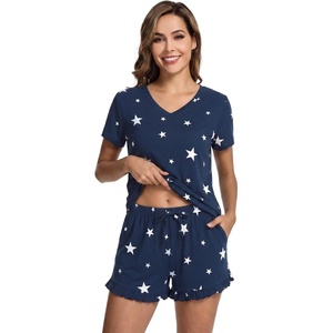 image:imageWiWi Womens Pajamas Set Bamboo Viscose Super Soft Short Sleeve Top Ruffle Shorts Sleepwear Cooling Pj Sets SXXLAdark Navy Star