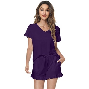 image:imageWiWi Womens Pajamas Set Bamboo Viscose Super Soft Short Sleeve Top Ruffle Shorts Sleepwear Cooling Pj Sets SXXLAdark Purple