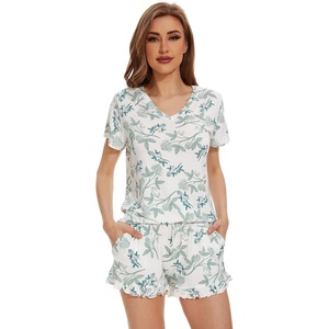 image:imageWiWi Womens Pajamas Set Bamboo Viscose Super Soft Short Sleeve Top Ruffle Shorts Sleepwear Cooling Pj Sets SXXLAgreen Leaf