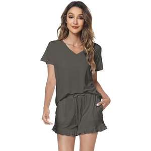 image:imageWiWi Womens Pajamas Set Bamboo Viscose Super Soft Short Sleeve Top Ruffle Shorts Sleepwear Cooling Pj Sets SXXLAiron Grey