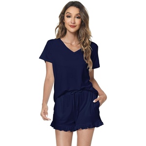 image:imageWiWi Womens Pajamas Set Bamboo Viscose Super Soft Short Sleeve Top Ruffle Shorts Sleepwear Cooling Pj Sets SXXLAnavy