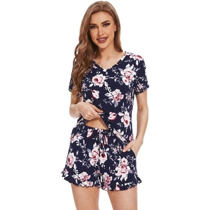 image:imageWiWi Womens Pajamas Set Bamboo Viscose Super Soft Short Sleeve Top Ruffle Shorts Sleepwear Cooling Pj Sets SXXLAnavyPeony