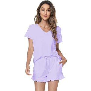 image:imageWiWi Womens Pajamas Set Bamboo Viscose Super Soft Short Sleeve Top Ruffle Shorts Sleepwear Cooling Pj Sets SXXLApastel Purple
