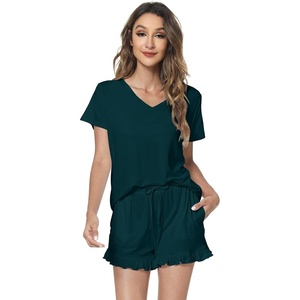 image:imageWiWi Womens Pajamas Set Bamboo Viscose Super Soft Short Sleeve Top Ruffle Shorts Sleepwear Cooling Pj Sets SXXLApeacock Green