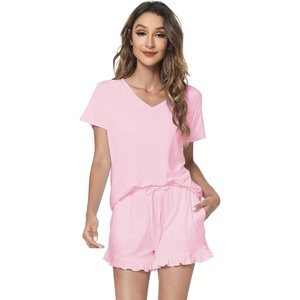 image:imageWiWi Womens Pajamas Set Bamboo Viscose Super Soft Short Sleeve Top Ruffle Shorts Sleepwear Cooling Pj Sets SXXLApink