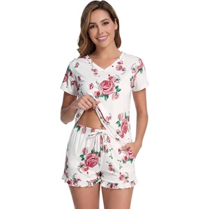 image:imageWiWi Womens Pajamas Set Bamboo Viscose Super Soft Short Sleeve Top Ruffle Shorts Sleepwear Cooling Pj Sets SXXLApink Rose on White
