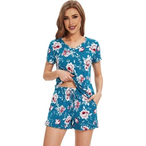 image:imageWiWi Womens Pajamas Set Bamboo Viscose Super Soft Short Sleeve Top Ruffle Shorts Sleepwear Cooling Pj Sets SXXLAteal BluePeony