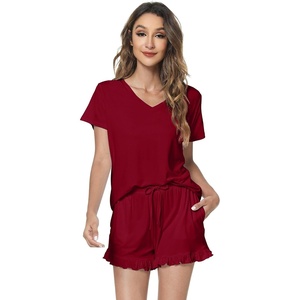 image:imageWiWi Womens Pajamas Set Bamboo Viscose Super Soft Short Sleeve Top Ruffle Shorts Sleepwear Cooling Pj Sets SXXLAwine Red