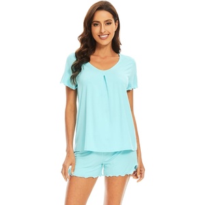 image:imageWiWi Womens Pajamas Set Bamboo Viscose Super Soft Short Sleeve Top Ruffle Shorts Sleepwear Cooling Pj Sets SXXLBaqua
