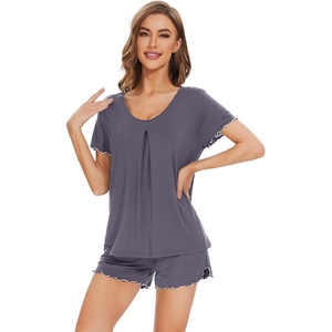 image:imageWiWi Womens Pajamas Set Bamboo Viscose Super Soft Short Sleeve Top Ruffle Shorts Sleepwear Cooling Pj Sets SXXLBdark Grey