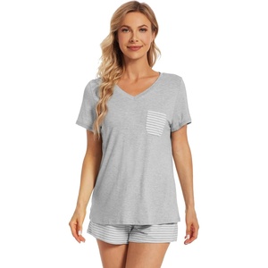 image:imageWiWi Womens Pajamas Set Bamboo Viscose Super Soft Short Sleeve Top Ruffle Shorts Sleepwear Cooling Pj Sets SXXLCheather Grey Stripe