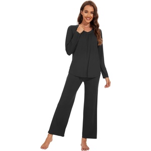 image:imageWiWi Womens Pajamas Set Sleepwear Loungewear Long Sleeve Pajama Sets Soft Pjs Viscose from Bamboo 2 Piece PJ SXXLAblack