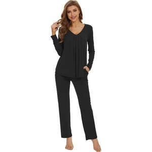 image:imageWiWi Womens Pajamas Set Sleepwear Loungewear Long Sleeve Pajama Sets Soft Pjs Viscose from Bamboo 2 Piece PJ SXXLBblack