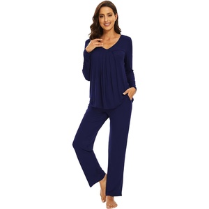image:imageWiWi Womens Pajamas Set Sleepwear Loungewear Long Sleeve Pajama Sets Soft Pjs Viscose from Bamboo 2 Piece PJ SXXLBnavy