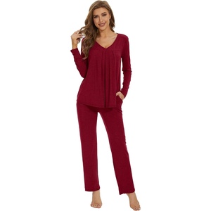 image:imageWiWi Womens Pajamas Set Sleepwear Loungewear Long Sleeve Pajama Sets Soft Pjs Viscose from Bamboo 2 Piece PJ SXXLBwine Red