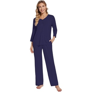 image:imageWiWi Womens Pajamas Set Sleepwear Loungewear Long Sleeve Pajama Sets Soft Pjs Viscose from Bamboo 2 Piece PJ SXXLDnavy