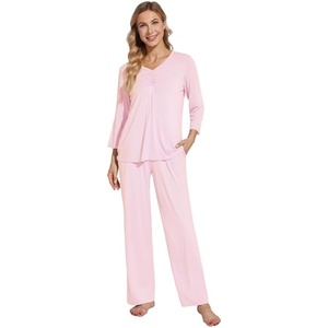 image:imageWiWi Womens Pajamas Set Sleepwear Loungewear Long Sleeve Pajama Sets Soft Pjs Viscose from Bamboo 2 Piece PJ SXXLDpink