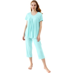 image:imageWiWi Womens Pajamas Sets Bamboo Viscose Short Sleeve Top with Capri Pants Super Soft Lounge Cooling Sleepwear Pjs SXXLAaqua
