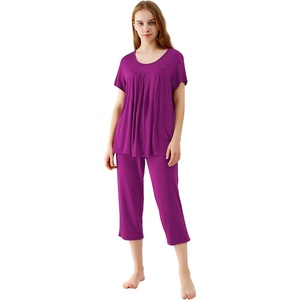 image:imageWiWi Womens Pajamas Sets Bamboo Viscose Short Sleeve Top with Capri Pants Super Soft Lounge Cooling Sleepwear Pjs SXXLAdark Reddish Purple