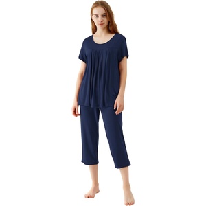 image:imageWiWi Womens Pajamas Sets Bamboo Viscose Short Sleeve Top with Capri Pants Super Soft Lounge Cooling Sleepwear Pjs SXXLAnavy