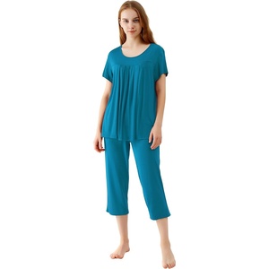 image:imageWiWi Womens Pajamas Sets Bamboo Viscose Short Sleeve Top with Capri Pants Super Soft Lounge Cooling Sleepwear Pjs SXXLAteal Blue