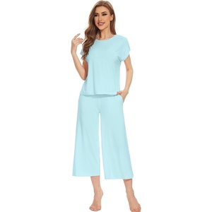 image:imageWiWi Womens Pajamas Sets Bamboo Viscose Short Sleeve Top with Capri Pants Super Soft Lounge Cooling Sleepwear Pjs SXXLBaqua