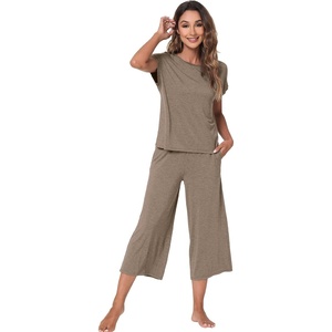 image:imageWiWi Womens Pajamas Sets Bamboo Viscose Short Sleeve Top with Capri Pants Super Soft Lounge Cooling Sleepwear Pjs SXXLBcamel