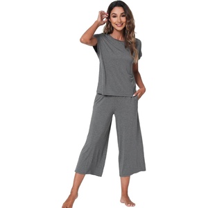 image:imageWiWi Womens Pajamas Sets Bamboo Viscose Short Sleeve Top with Capri Pants Super Soft Lounge Cooling Sleepwear Pjs SXXLBdark Heather Grey