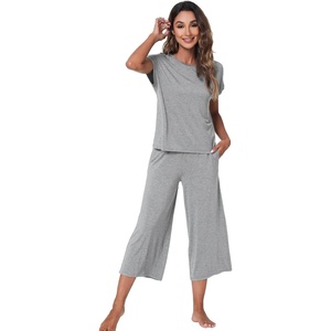 image:imageWiWi Womens Pajamas Sets Bamboo Viscose Short Sleeve Top with Capri Pants Super Soft Lounge Cooling Sleepwear Pjs SXXLBheather Grey