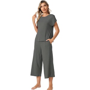 image:imageWiWi Womens Pajamas Sets Bamboo Viscose Short Sleeve Top with Capri Pants Super Soft Lounge Cooling Sleepwear Pjs SXXLBiron Grey