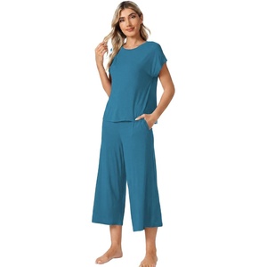 image:imageWiWi Womens Pajamas Sets Bamboo Viscose Short Sleeve Top with Capri Pants Super Soft Lounge Cooling Sleepwear Pjs SXXLBteal Blue