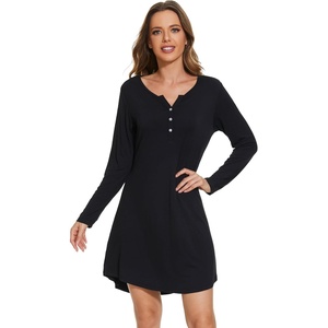 image:imageWiWi Womens Viscose from Bamboo Nightgown Long Sleeve Nightshirt Soft Sleep Dress Loose Comfy Pajama Sleepwear SXXLAblack