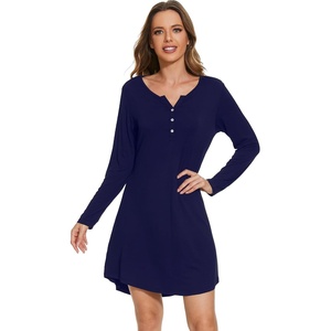 image:imageWiWi Womens Viscose from Bamboo Nightgown Long Sleeve Nightshirt Soft Sleep Dress Loose Comfy Pajama Sleepwear SXXLAnavy