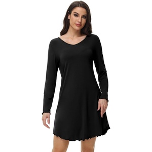image:imageWiWi Womens Viscose from Bamboo Nightgown Long Sleeve Nightshirt Soft Sleep Dress Loose Comfy Pajama Sleepwear SXXLBblack