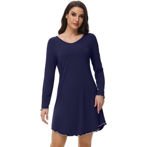 image:imageWiWi Womens Viscose from Bamboo Nightgown Long Sleeve Nightshirt Soft Sleep Dress Loose Comfy Pajama Sleepwear SXXLBnavy
