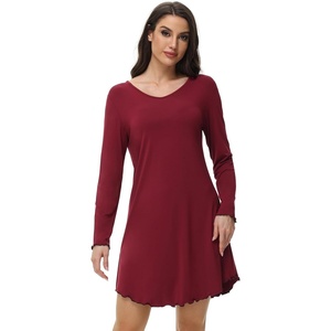 image:imageWiWi Womens Viscose from Bamboo Nightgown Long Sleeve Nightshirt Soft Sleep Dress Loose Comfy Pajama Sleepwear SXXLBwine