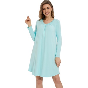 image:imageWiWi Womens Viscose from Bamboo Nightgown Long Sleeve Nightshirt Soft Sleep Dress Loose Comfy Pajama Sleepwear SXXLCaqua